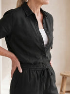 Black Women's Long Sleeve Shirt Two Piece Set — Beatrice Button-Front Tapered - Close Up Collar Detail