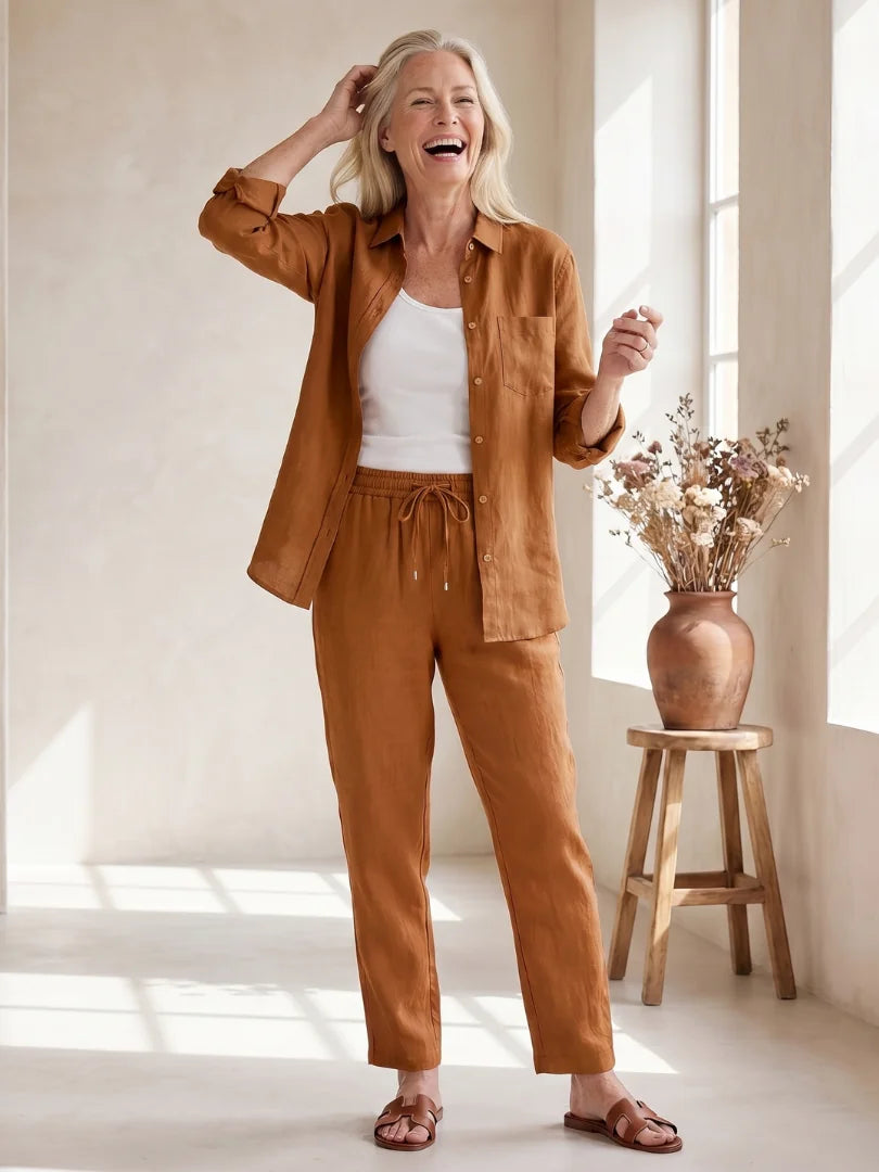 Brown Women's Long Sleeve Shirt Two Piece Set — Beatrice Button-Front Tapered - Front Full Cheerful