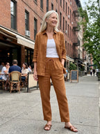 Brown Women's Long Sleeve Shirt Two Piece Set — Beatrice Button-Front Tapered - Lifestyle Street Nyc