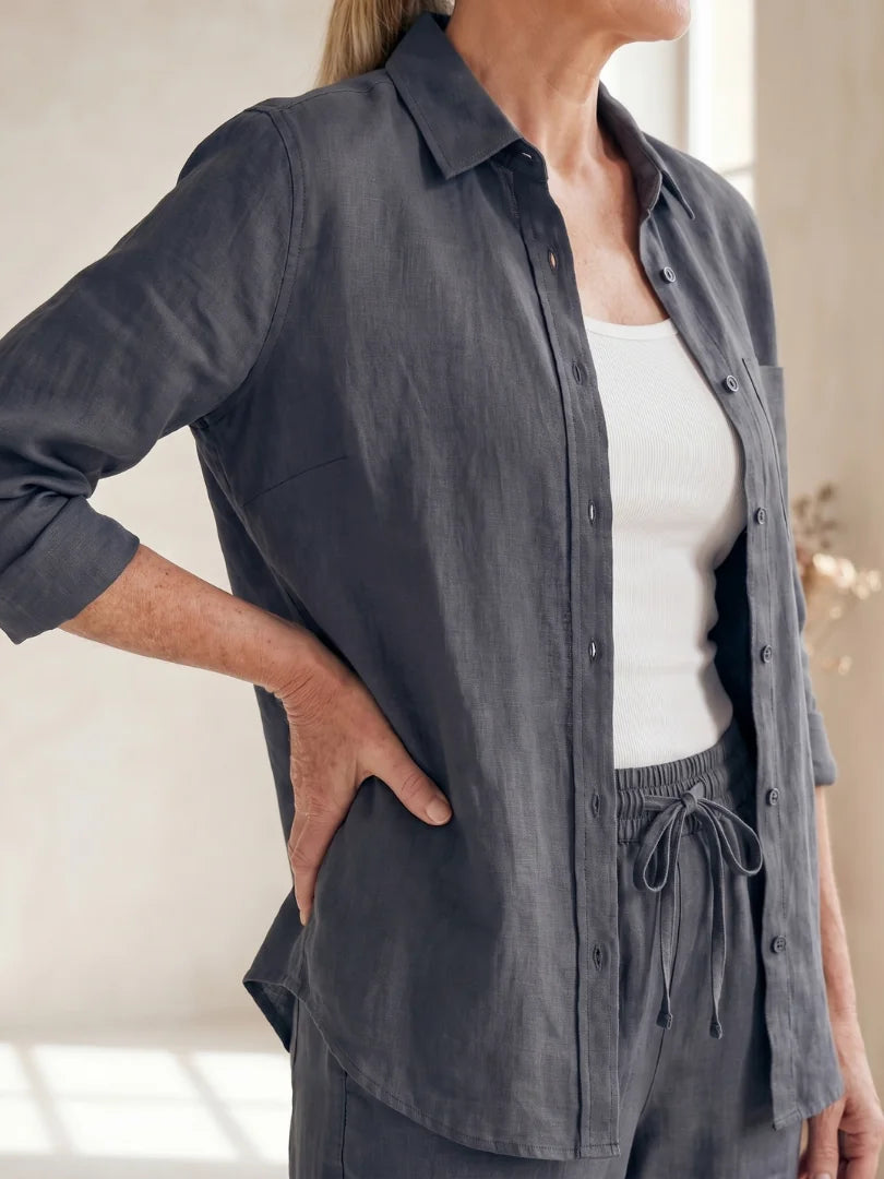 Gray Women's Long Sleeve Shirt Two Piece Set — Beatrice Button-Front Tapered - Close Up Torso Detail