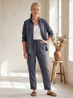 Gray Women's Long Sleeve Shirt Two Piece Set — Beatrice Button-Front Tapered - Front Full Hand On Hip