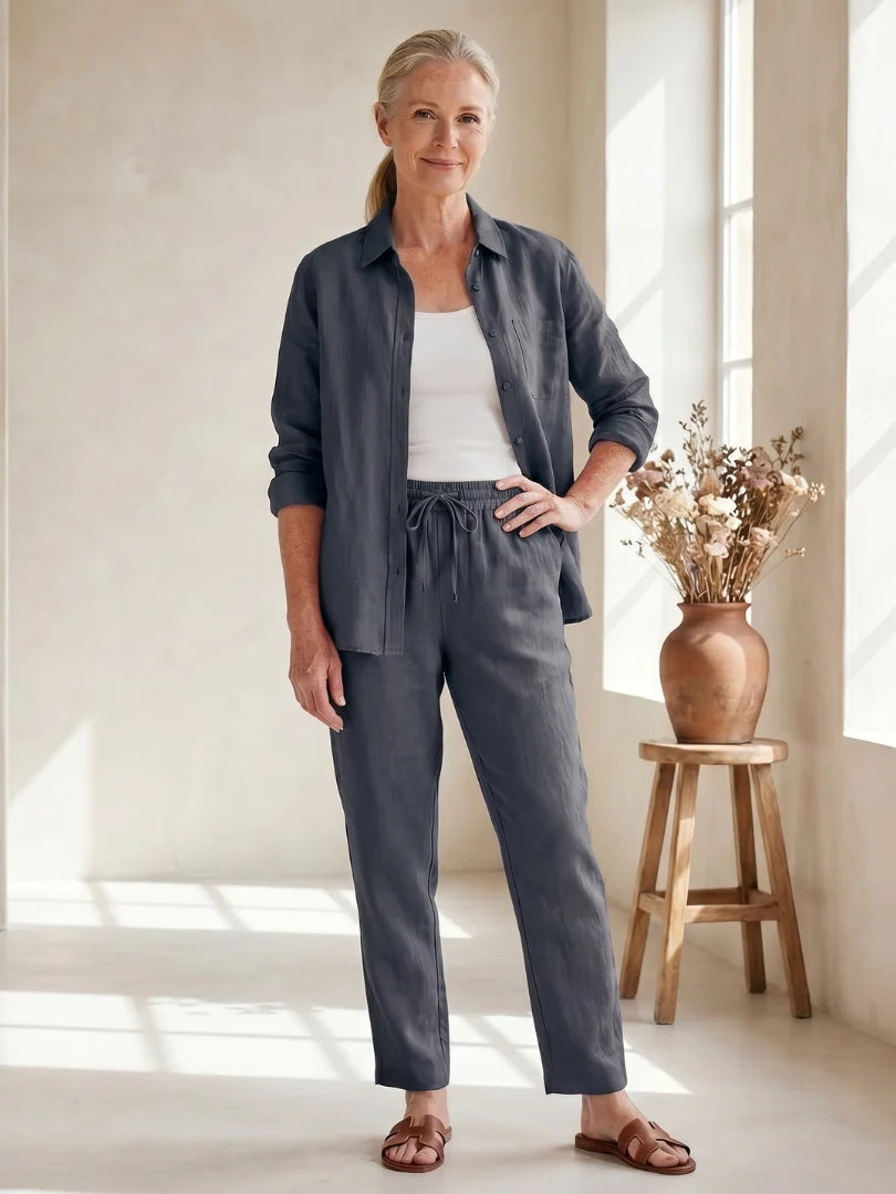 Gray Women's Long Sleeve Shirt Two Piece Set — Beatrice Button-Front Tapered - Front Full Hand On Hip