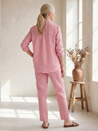 Pink Women's Long Sleeve Shirt Two Piece Set — Beatrice Button-Front Tapered - Back Full Pose