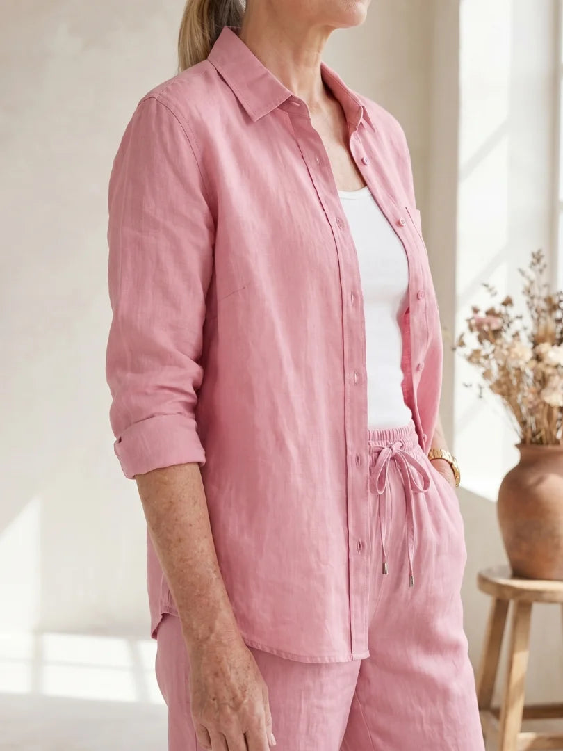 Pink Women's Long Sleeve Shirt Two Piece Set — Beatrice Button-Front Tapered - Close Up Shirt Detail