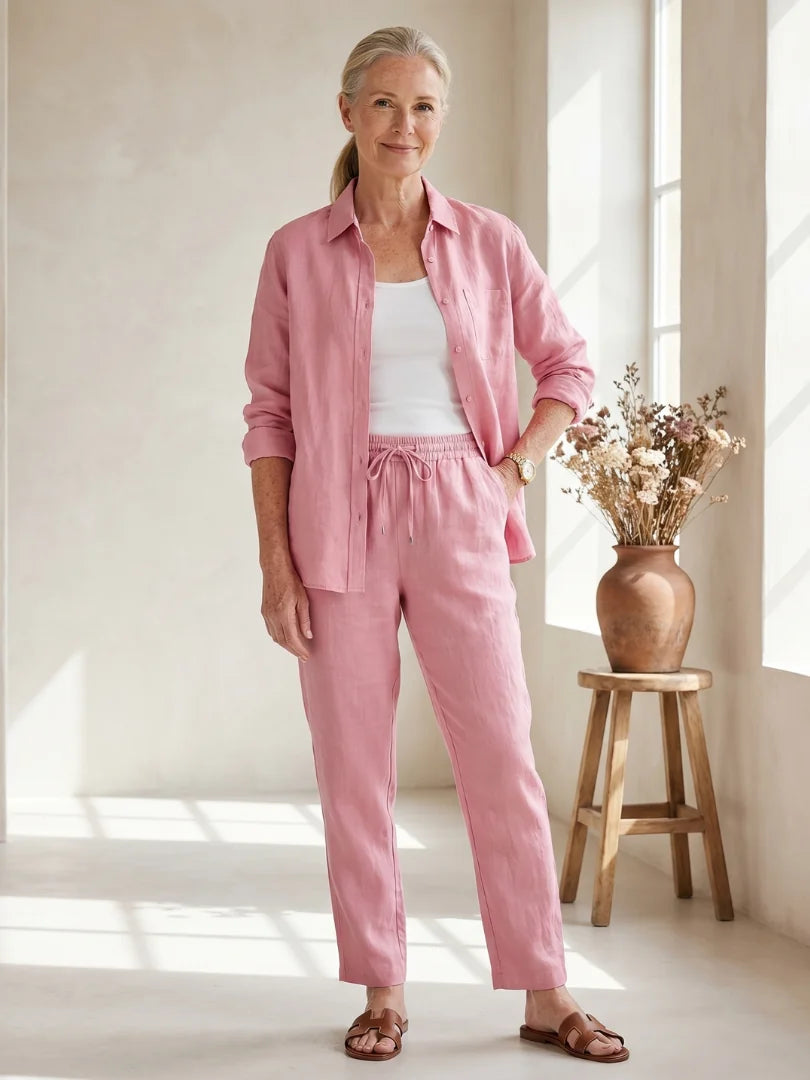 Pink Women's Long Sleeve Shirt Two Piece Set — Beatrice Button-Front Tapered - Front Full Smiling