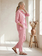 Pink Women's Long Sleeve Shirt Two Piece Set — Beatrice Button-Front Tapered - Side Walking Pose