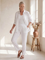 White Women's Long Sleeve Shirt Two Piece Set — Beatrice Button-Front Tapered - Front Walking Look Down