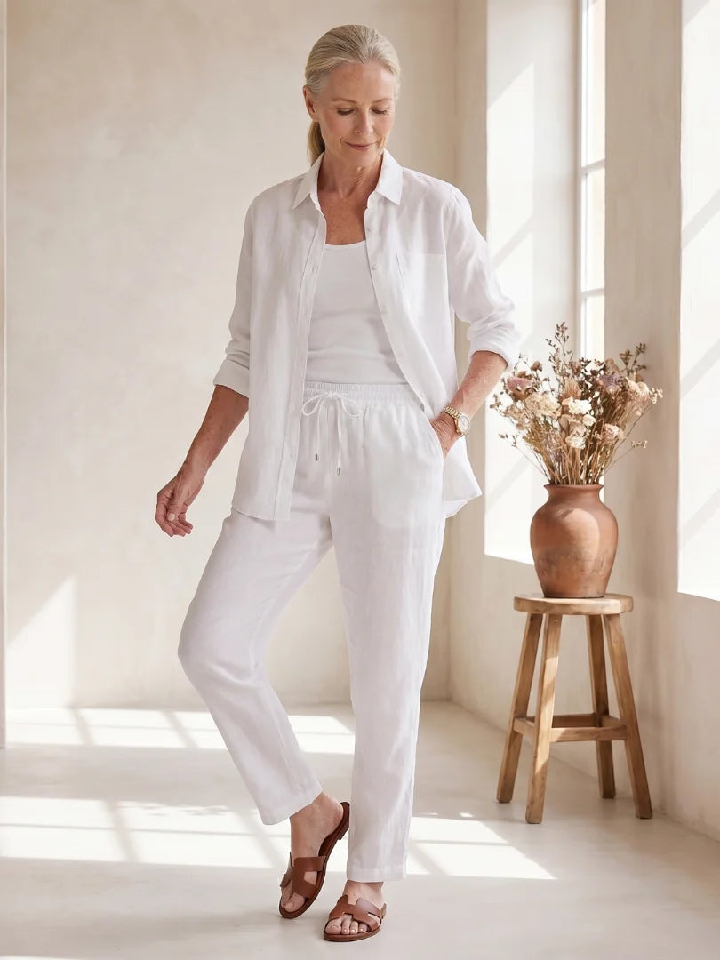 White Women's Long Sleeve Shirt Two Piece Set — Beatrice Button-Front Tapered - Front Walking Look Down