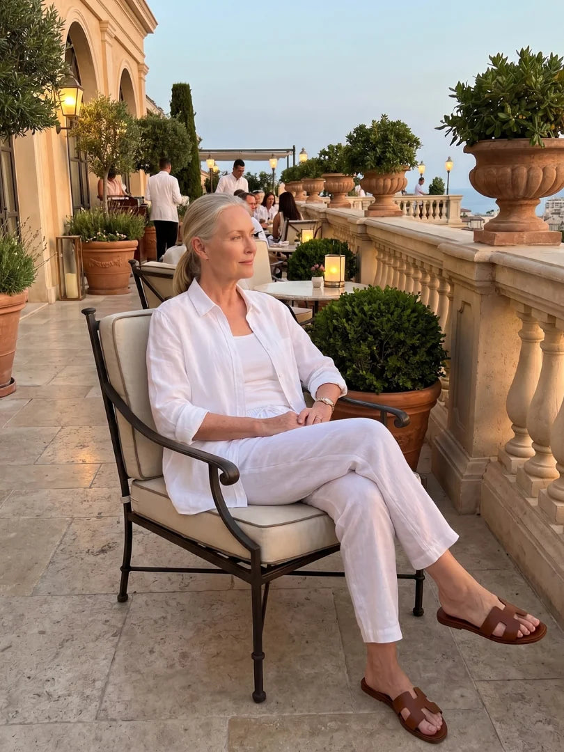 White Women's Long Sleeve Shirt Two Piece Set — Beatrice Button-Front Tapered - Lifestyle Seated Terrace