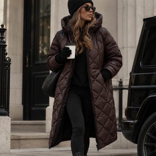 Brown Women's Long Quilted Puffer Coat with Hood & Tailored Fit - Front Walking