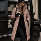 Pink Women's Long Quilted Puffer Coat with Hood & Tailored Fit - Front Pose Vehicle