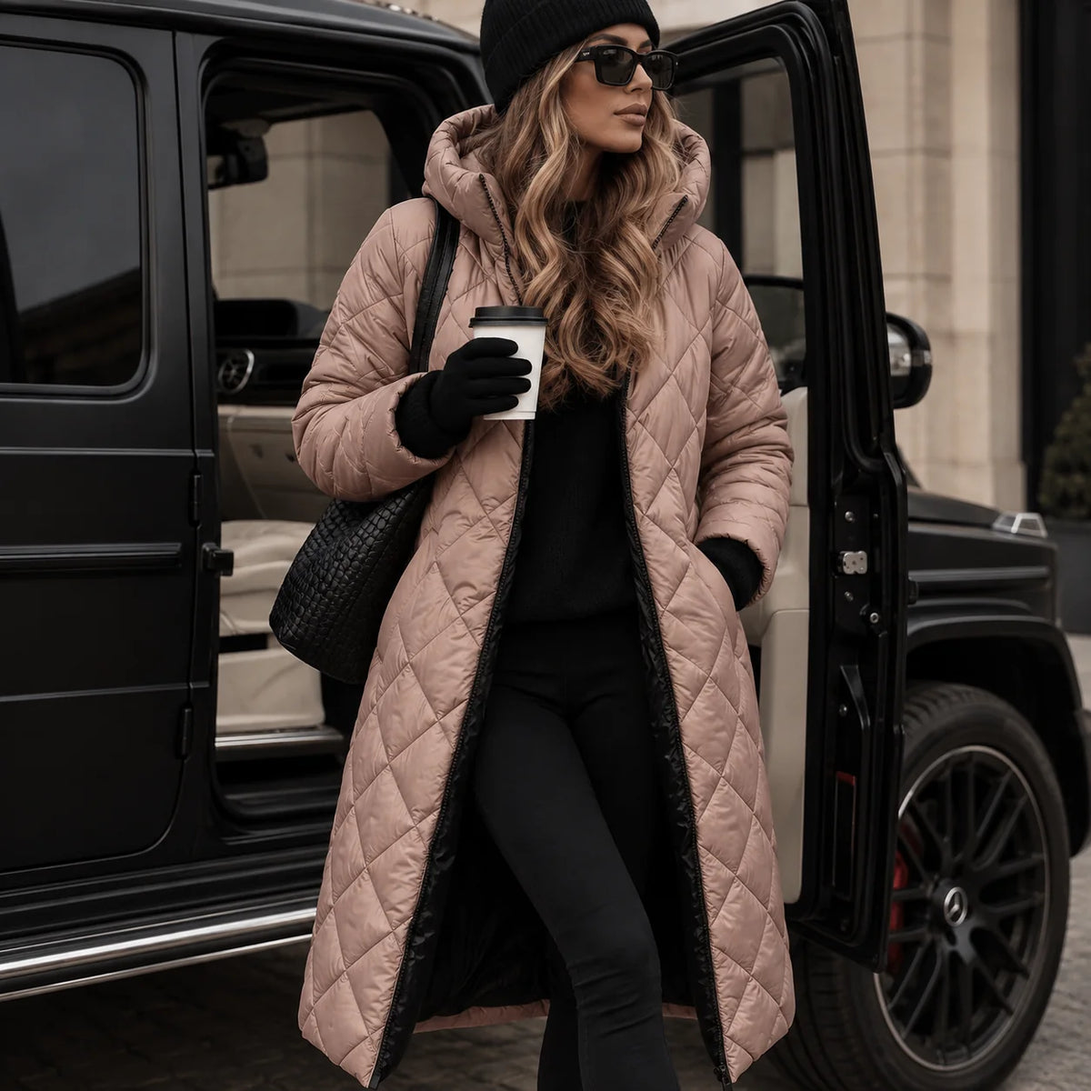 Pink Women's Long Quilted Puffer Coat with Hood & Tailored Fit - Front Pose Vehicle