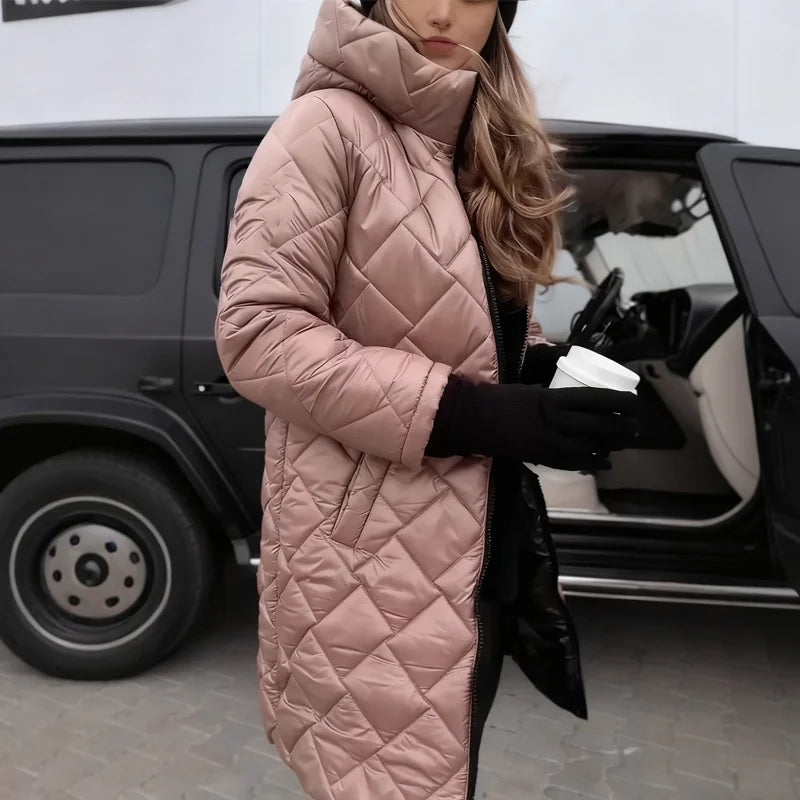 Women's Long Quilted Puffer Coat with Hood & Tailored Fit - Side Pose Outdoor