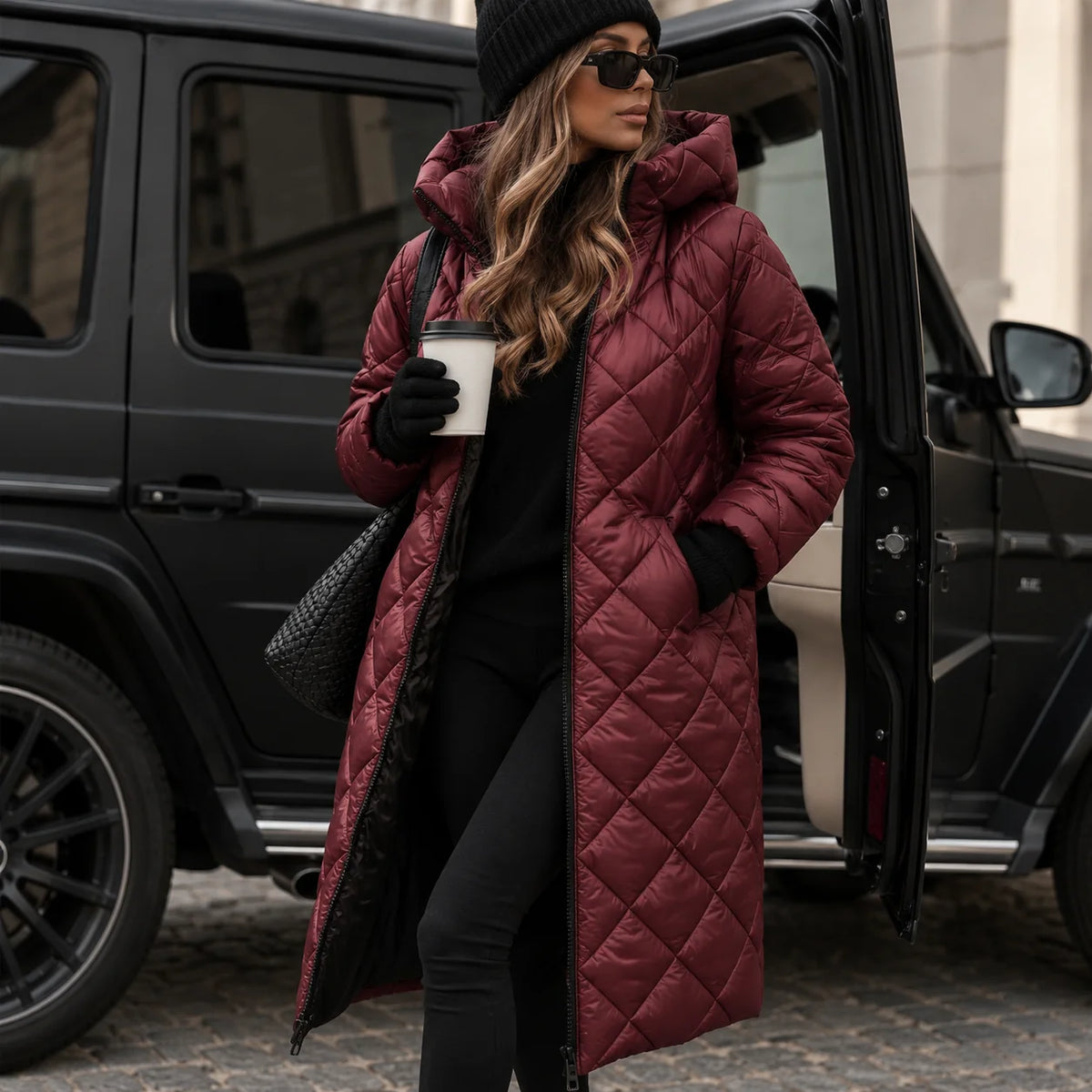 Red Women's Long Quilted Puffer Coat with Hood & Tailored Fit - Front Pose Street
