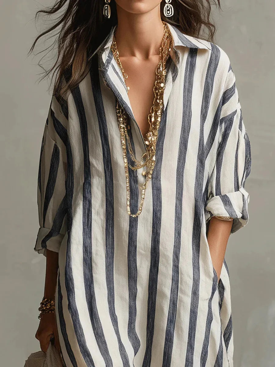 Blue Women's Striped Long Shirt Dress — Gracie Bohemian V-Neck Maxi - Close Up Neckline