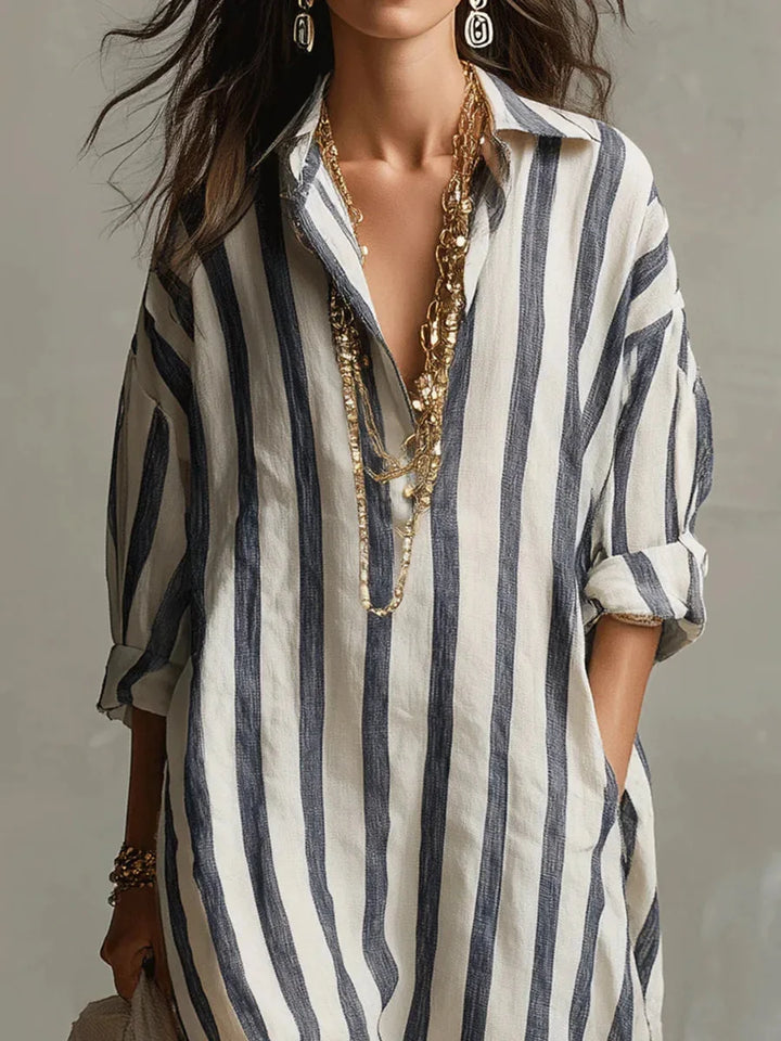 Blue Women's Striped Long Shirt Dress — Gracie Bohemian V-Neck Maxi - Close Up Neckline