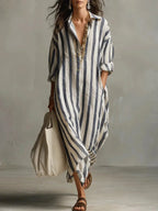 Blue Women's Striped Long Shirt Dress — Gracie Bohemian V-Neck Maxi - Front Full