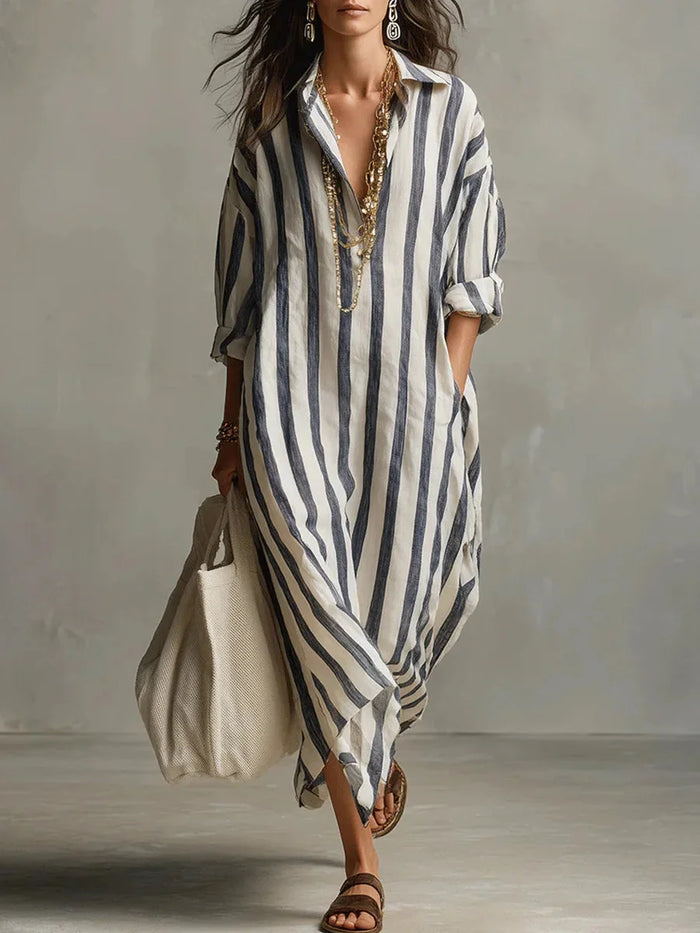 Blue Women's Striped Long Shirt Dress — Gracie Bohemian V-Neck Maxi - Front Full