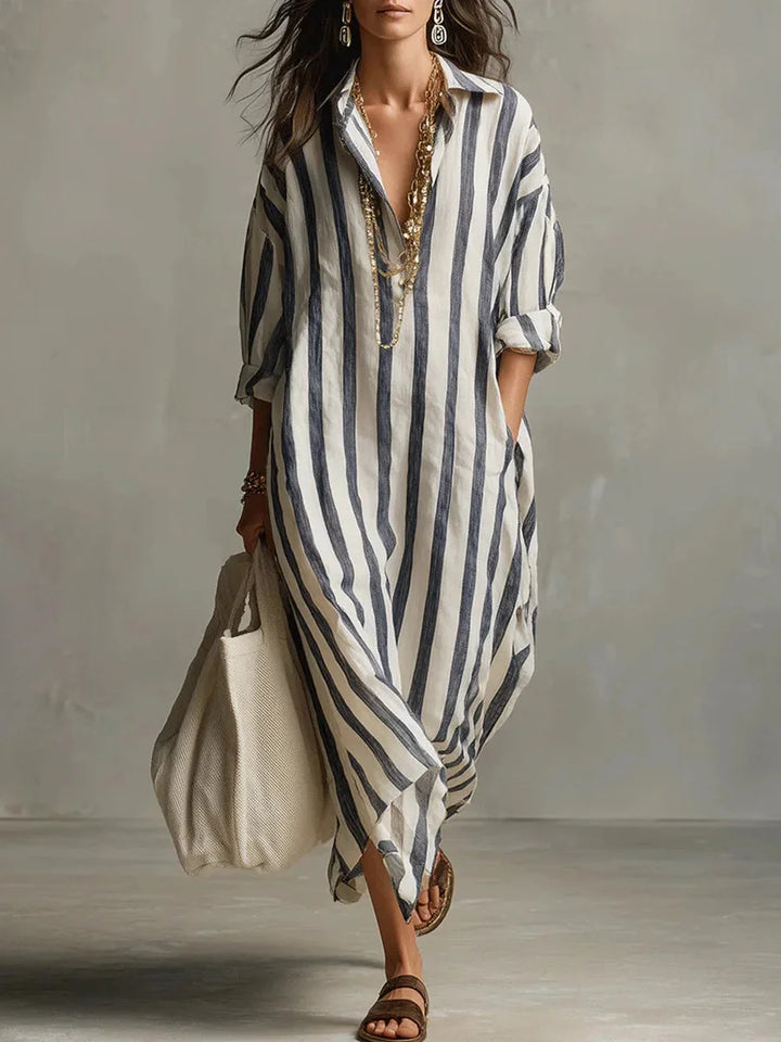 Blue Women's Striped Long Shirt Dress — Gracie Bohemian V-Neck Maxi - Front Full