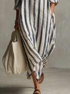 Blue Women's Striped Long Shirt Dress — Gracie Bohemian V-Neck Maxi - Hem Detail