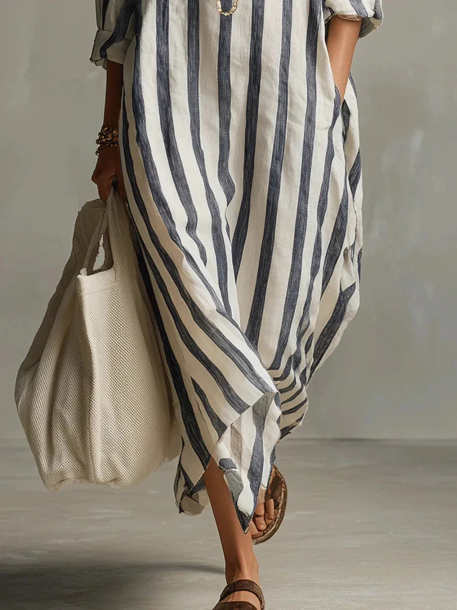 Blue Women's Striped Long Shirt Dress — Gracie Bohemian V-Neck Maxi - Hem Detail