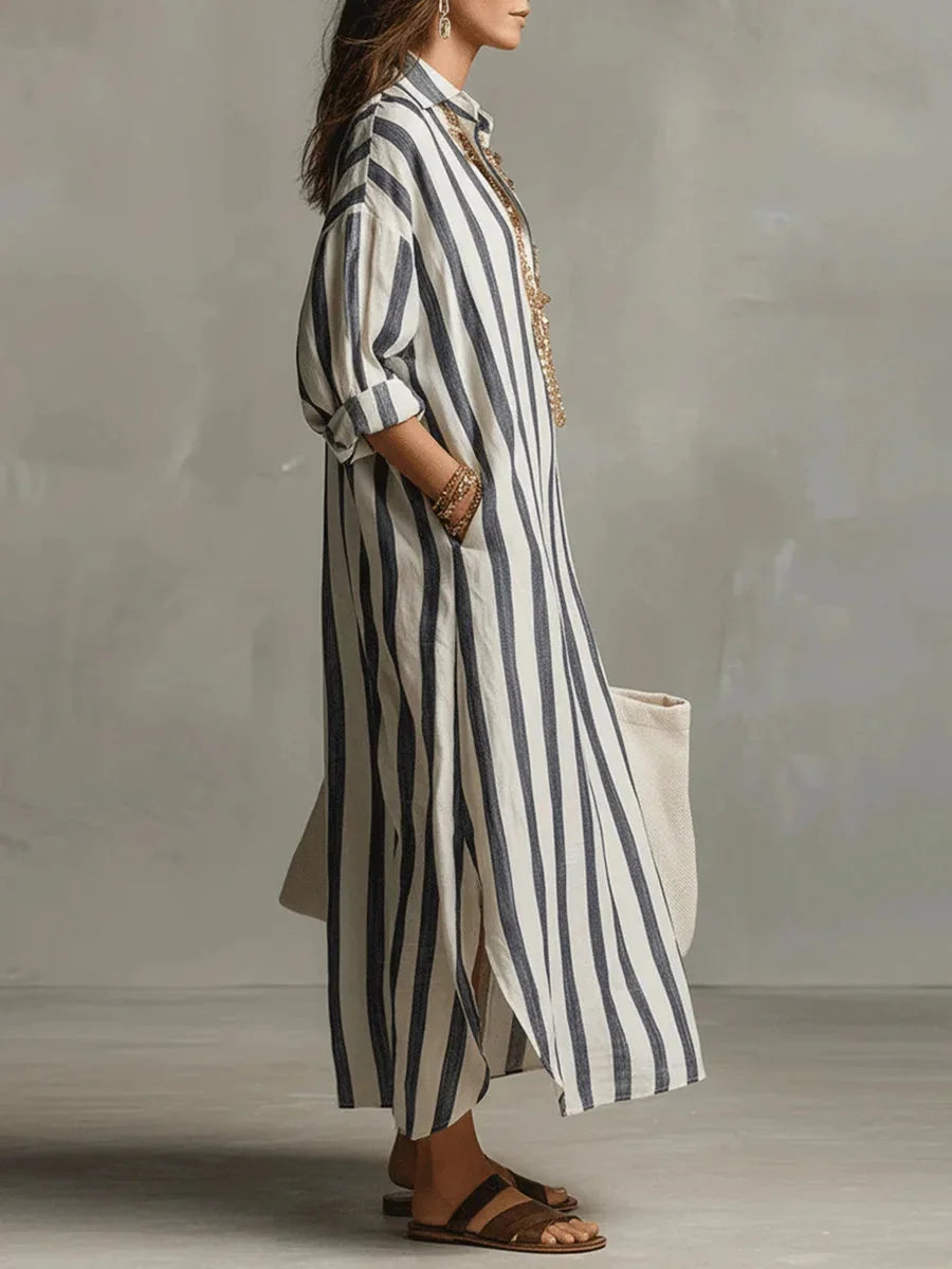 Blue Women's Striped Long Shirt Dress — Gracie Bohemian V-Neck Maxi - Side Pose