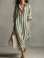 Green Women's Striped Long Shirt Dress — Gracie Bohemian V-Neck Maxi - Front Full Variant