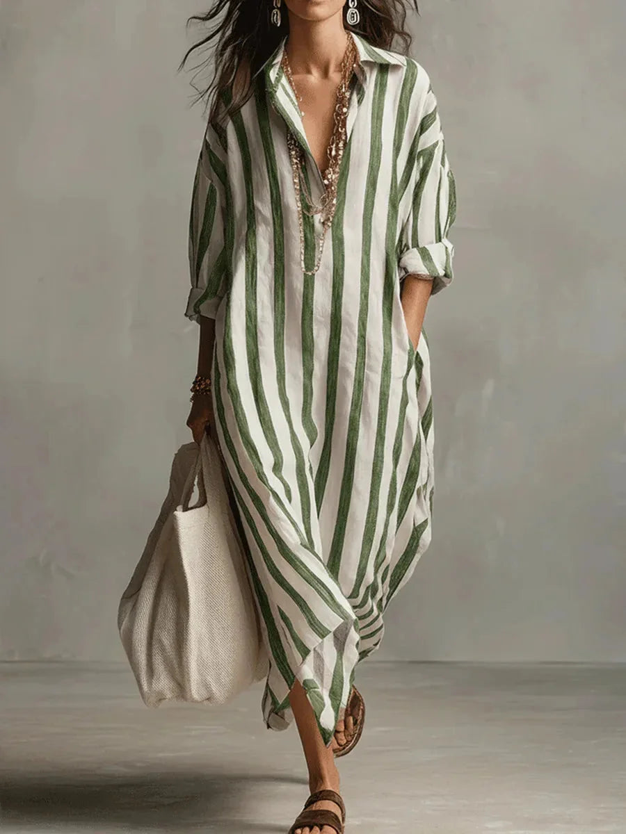 Green Women's Striped Long Shirt Dress — Gracie Bohemian V-Neck Maxi - Front Full Variant