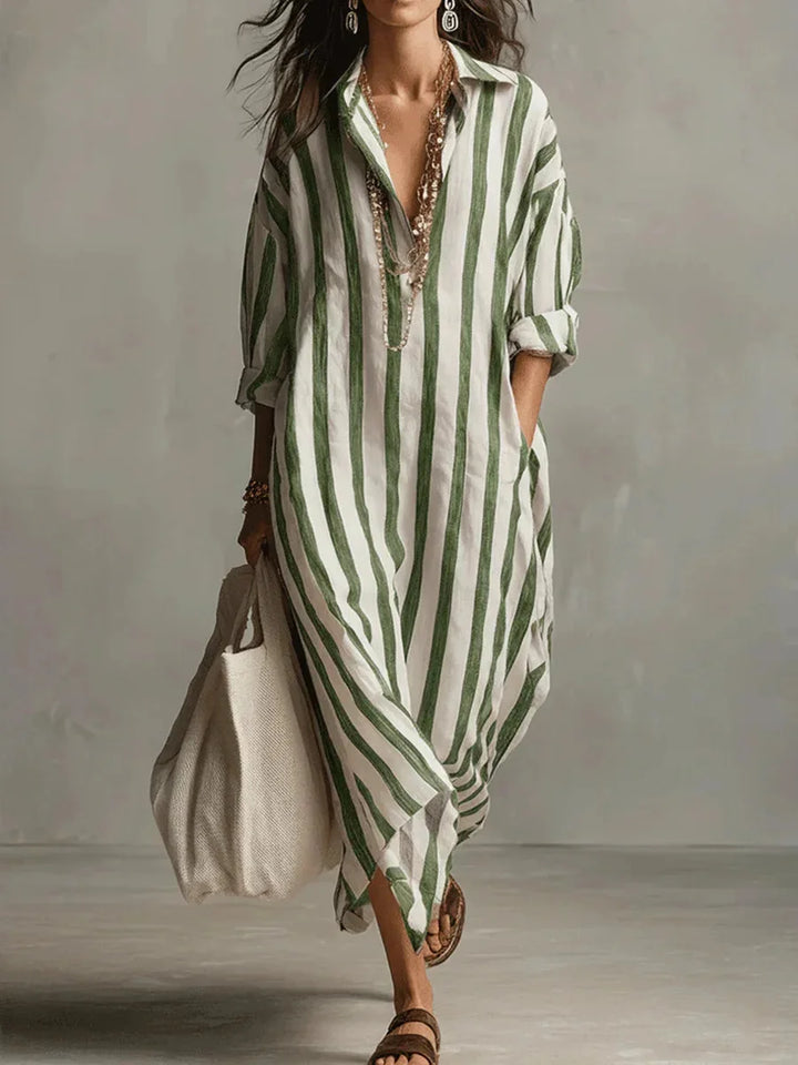 Green Women's Striped Long Shirt Dress — Gracie Bohemian V-Neck Maxi - Front Full Variant