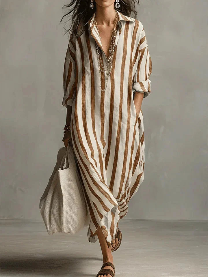 Light Brown Brown Women's Striped Long Shirt Dress — Gracie Bohemian V-Neck Maxi - Studio Pose