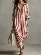 Red Women's Striped Long Shirt Dress — Gracie Bohemian V-Neck Maxi - Model Walking