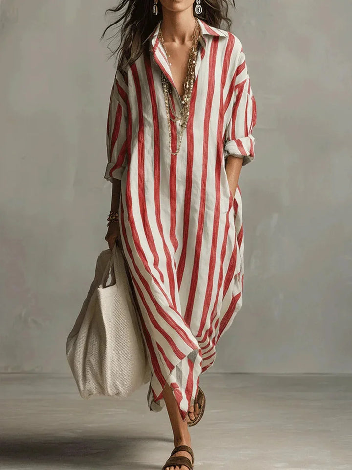 Red Women's Striped Long Shirt Dress — Gracie Bohemian V-Neck Maxi - Model Walking
