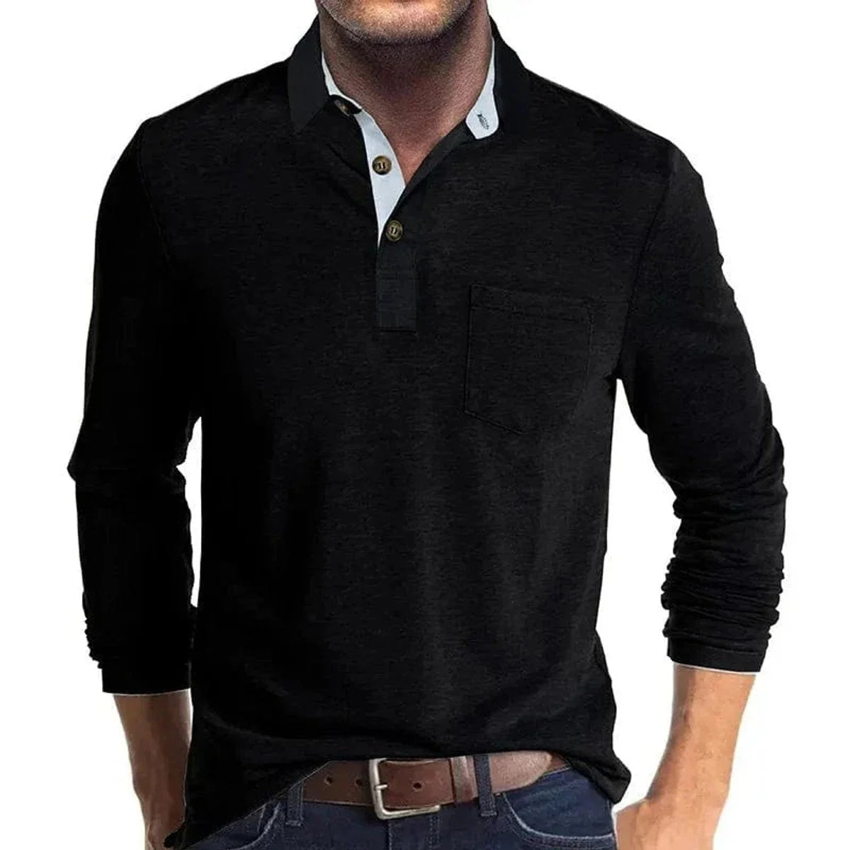 Black Men's Long Sleeve Polo Shirt with Contrast Collar & Chest Pocket