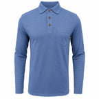Men's Long Sleeve Polo Shirt with Contrast Collar & Chest Pocket - Flat Lay Solid