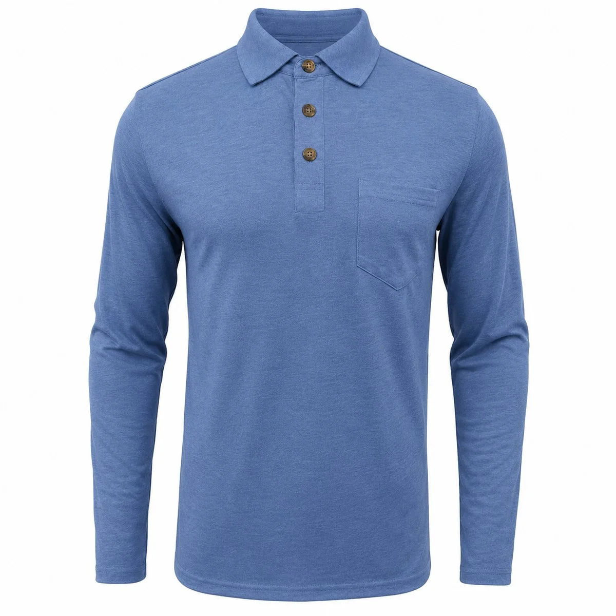 Men's Long Sleeve Polo Shirt with Contrast Collar & Chest Pocket - Flat Lay Solid