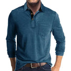 Blue Men's Long Sleeve Polo Shirt with Contrast Collar & Chest Pocket