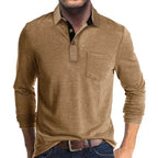 Brown Men's Long Sleeve Polo Shirt with Contrast Collar & Chest Pocket
