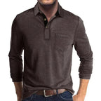 Dark Brown Men's Long Sleeve Polo Shirt with Contrast Collar & Chest Pocket