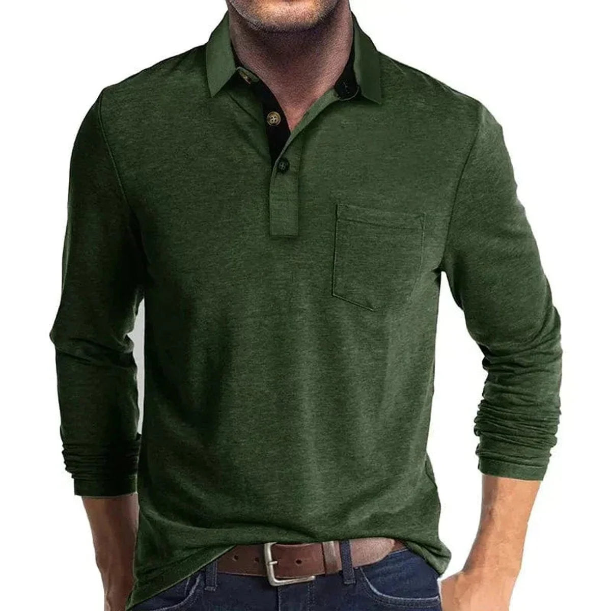 Dark Green Men's Long Sleeve Polo Shirt with Contrast Collar & Chest Pocket
