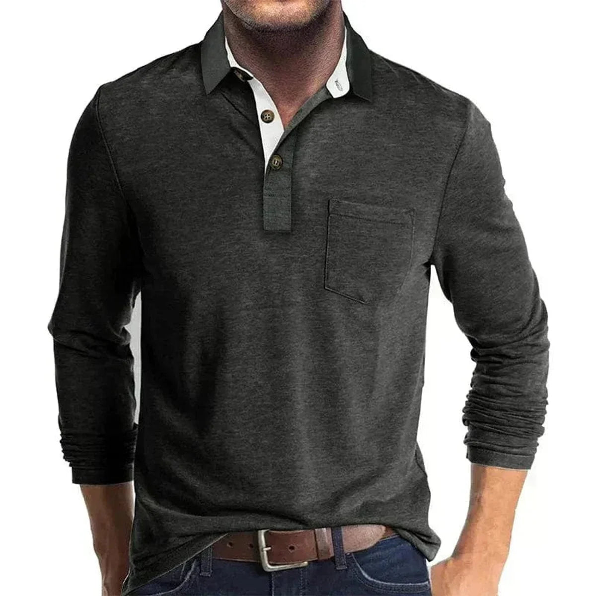 Dark Grey Men's Long Sleeve Polo Shirt with Contrast Collar & Chest Pocket