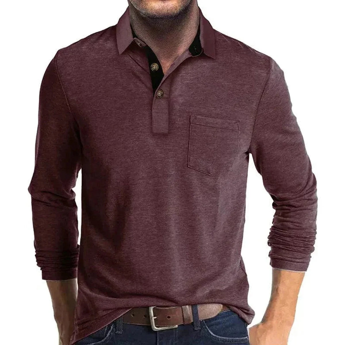 Dark Red Men's Long Sleeve Polo Shirt with Contrast Collar & Chest Pocket