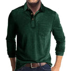 Green Men's Long Sleeve Polo Shirt with Contrast Collar & Chest Pocket