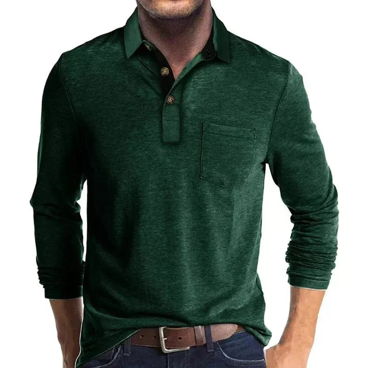 Green Men's Long Sleeve Polo Shirt with Contrast Collar & Chest Pocket