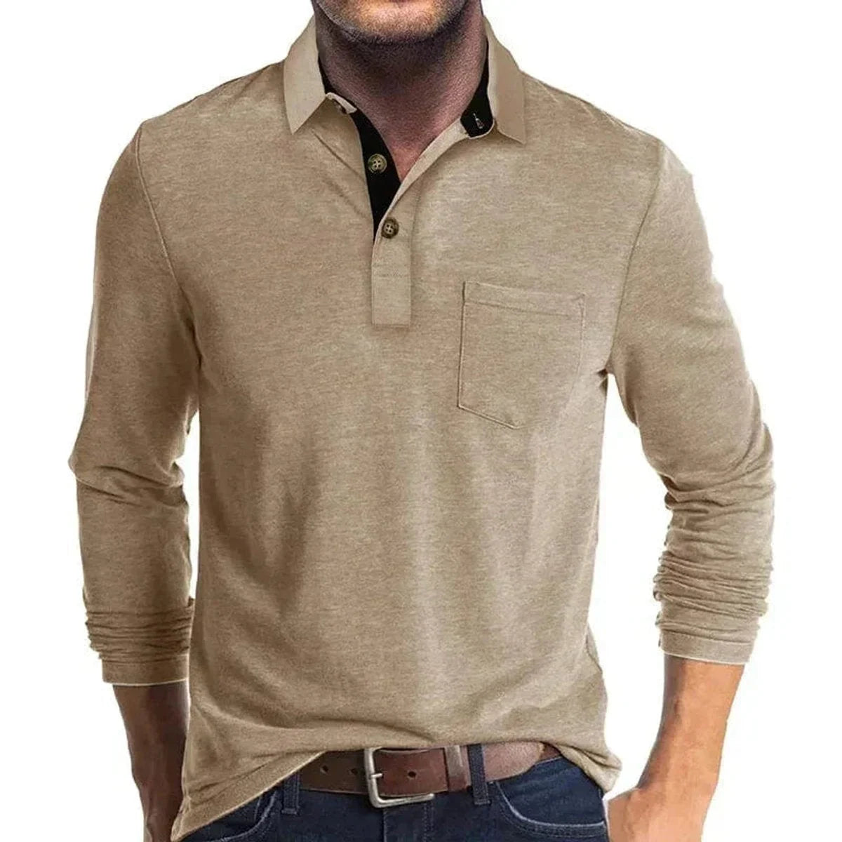 Khaki Men's Long Sleeve Polo Shirt with Contrast Collar & Chest Pocket
