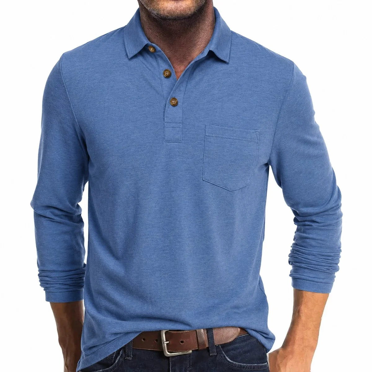 Light Blue Men's Long Sleeve Polo Shirt with Contrast Collar & Chest Pocket