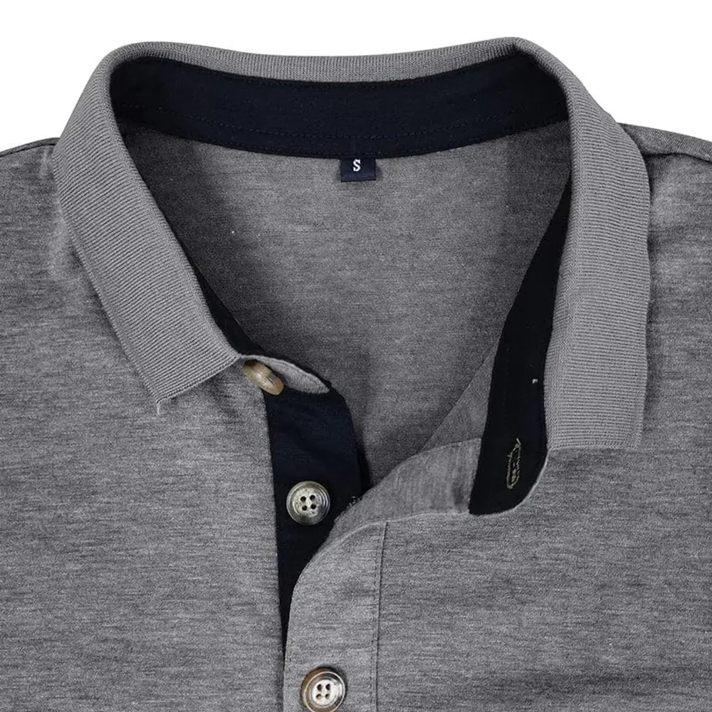 Men's Long Sleeve Polo Shirt with Contrast Collar & Chest Pocket - Close Up Collar
