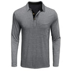 Men's Long Sleeve Polo Shirt with Contrast Collar & Chest Pocket - Flat Lay Front