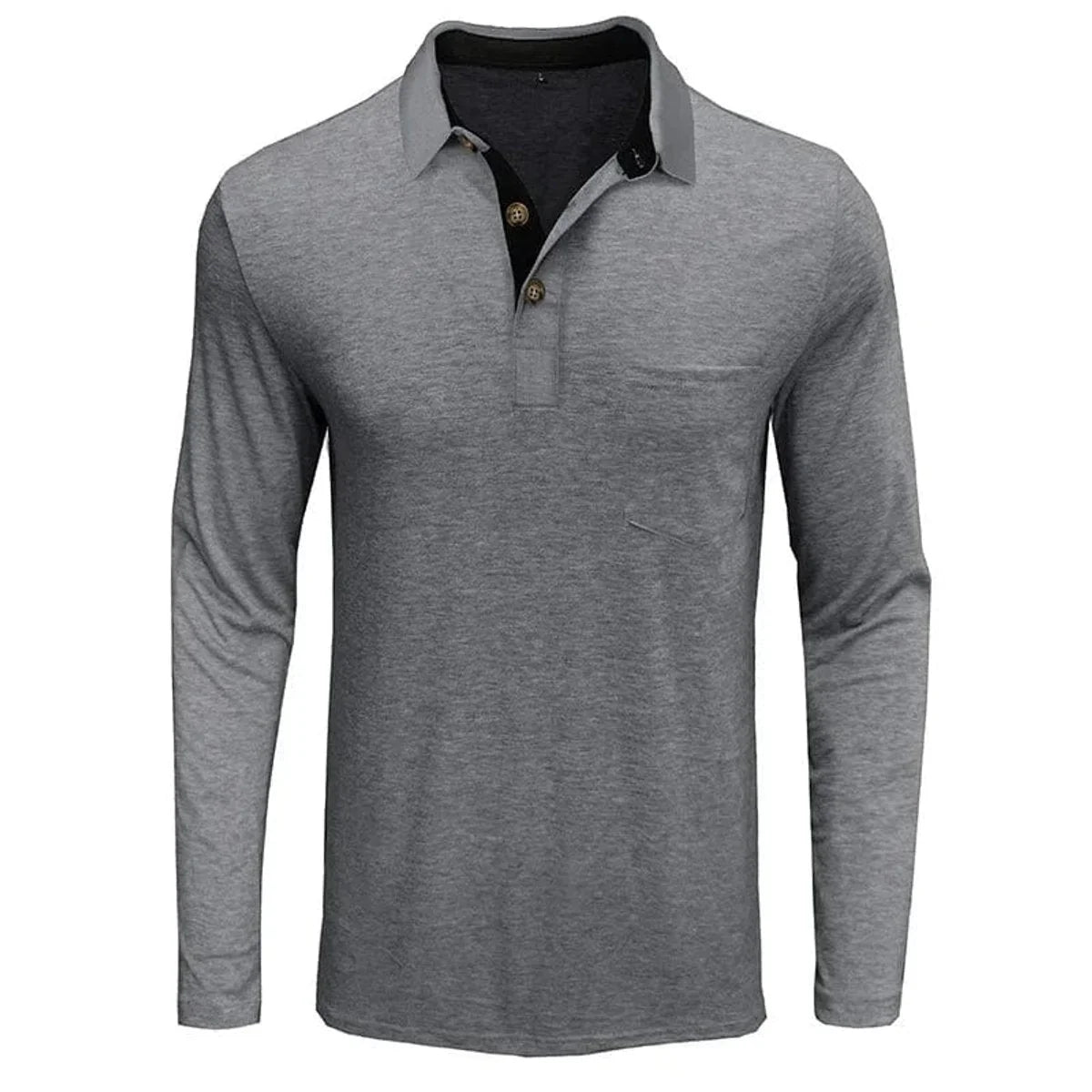 Men's Long Sleeve Polo Shirt with Contrast Collar & Chest Pocket - Flat Lay Front