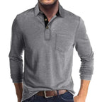 Light Grey Men's Long Sleeve Polo Shirt with Contrast Collar & Chest Pocket