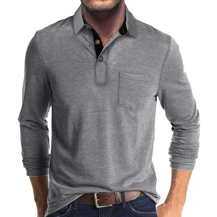 Light Grey Men's Long Sleeve Polo Shirt with Contrast Collar & Chest Pocket